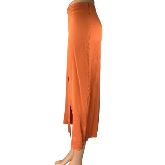 & Other Stories Orange Silky Satin Zipper Slit Midi Straight Pencil Slip Skirt 2 - Picture 2 of 6